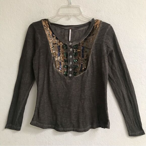 Free People sequined mottled long sleeve henley T-shirt S - Picture 1 of 5